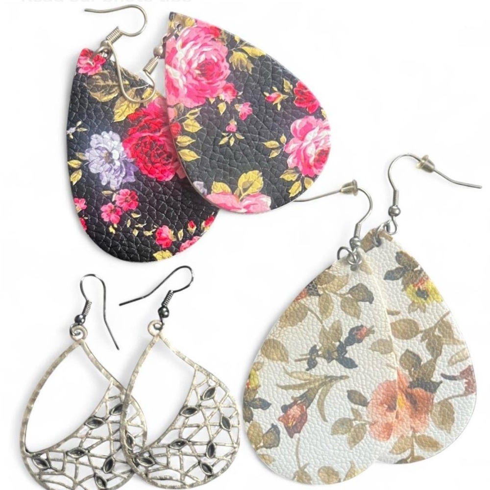 Floral Teardrop Leatherette Earrings Set & Silver Teardrop Metal Earrings
